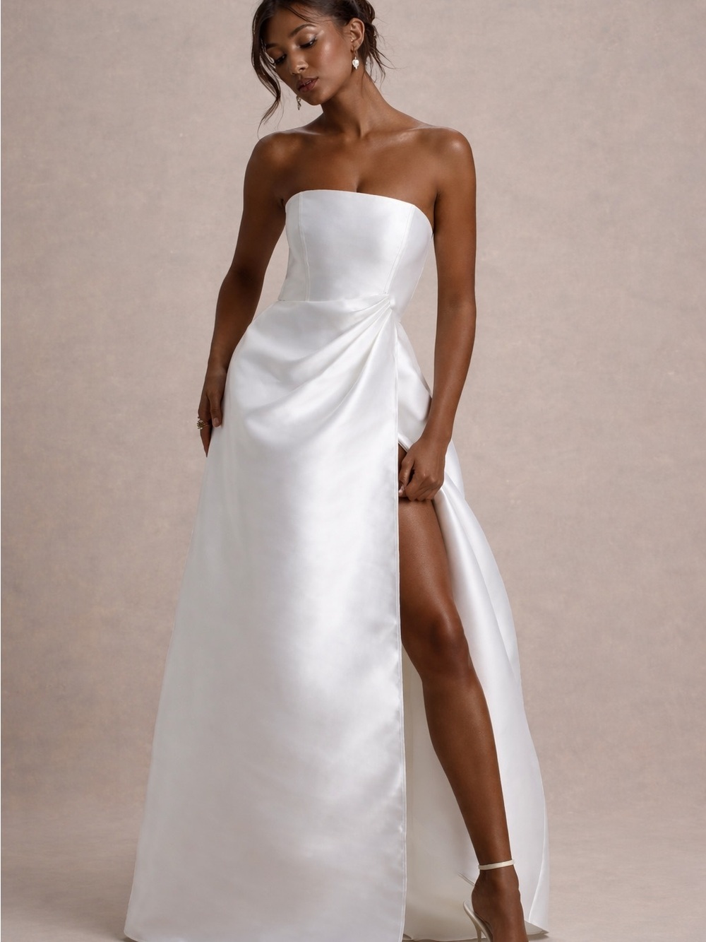 Strapless White Satin Formal Dress with Draped Waist - Picture 3 of 3